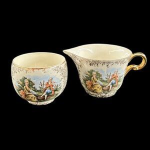 Antique Royal China Pastoral Transferware Sugar & Creamer Set 22K Gold Circa1900